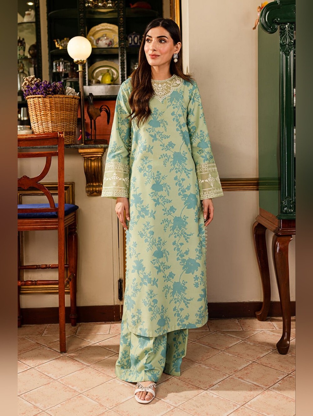 Green Long Floral Embroidered Kurta Set